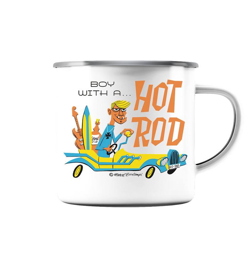 Boy with a Hot Rod by Marcel Bontempi - enamel cup - Emaille Tasse - Copasetic Mailorder